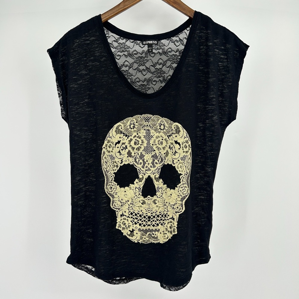 Express Skull Whimsigoth Top Women S Witchy Fairy Grunge Indie Sleaze Lace Sheer